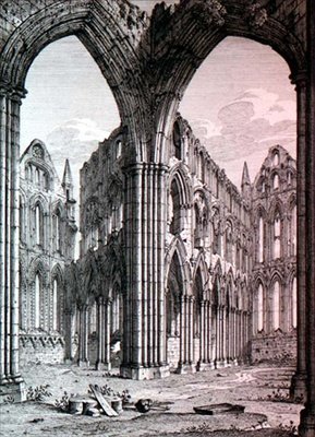 Whitby Abbey, Yorkshire, kuvitus J.D. Hardingin teoksesta Views of English Abbeys and Cathedrals, n. 1815 (etsaus) tekijältä John Coney