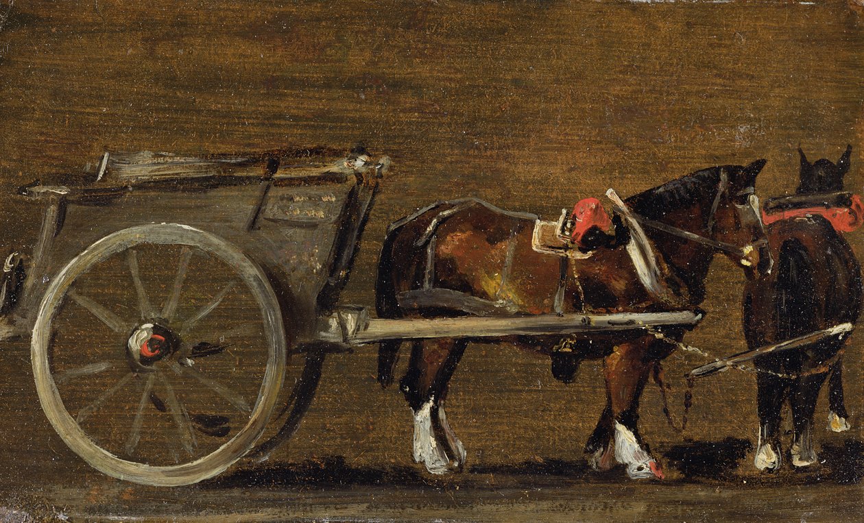Maatilakärry, jossa on kaksi hevosta valjaissa: Tutkimus kärrylle Stour Valleyssa ja Dedham Villagessa, 1814 (öljy kankaalle aluksella) tekijältä John Constable