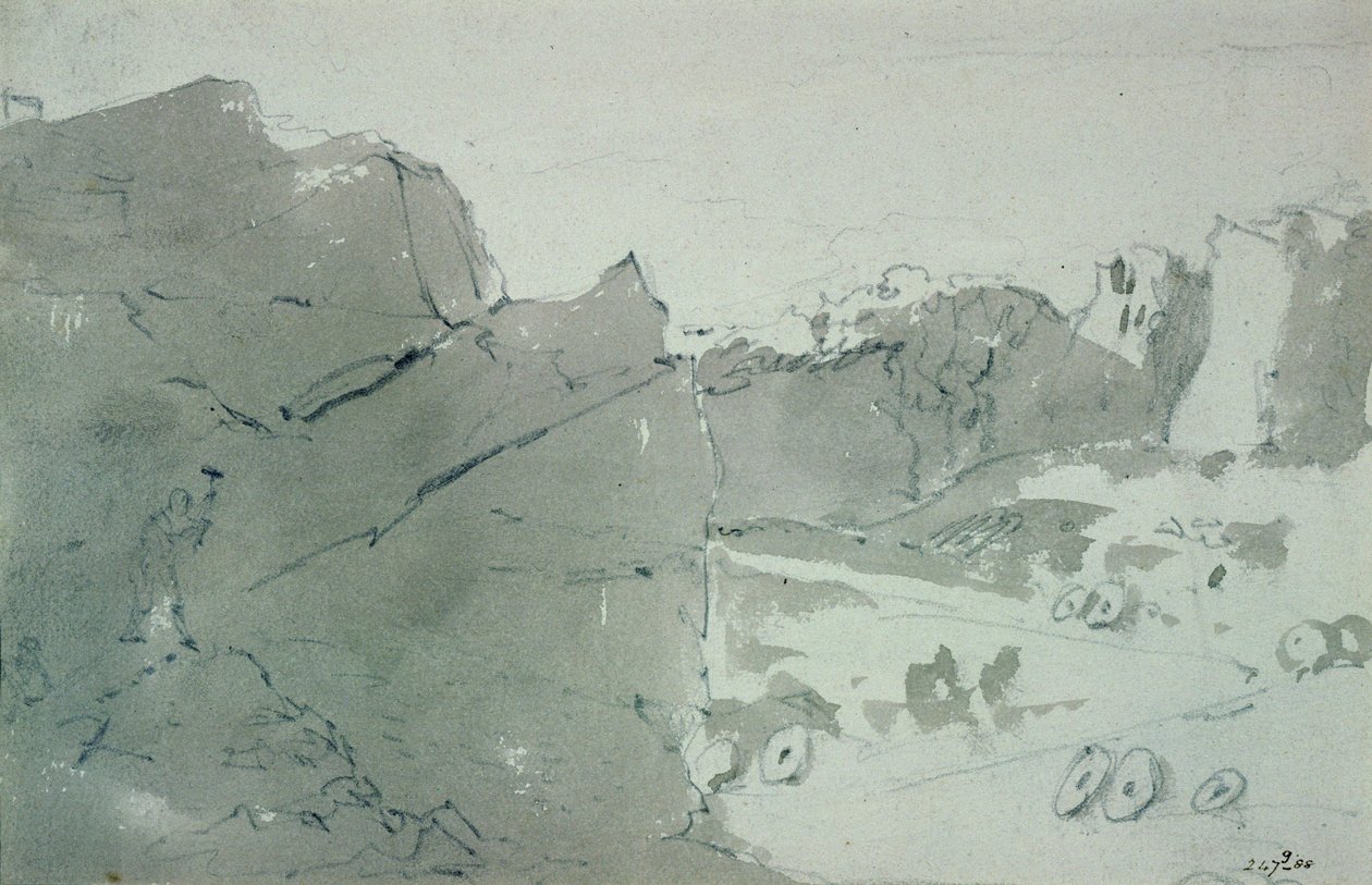 A Quarry for Mill-stones in Derbyshire, 1801 (lyijykynä ja seepia wash paperille) tekijältä John Constable