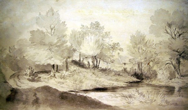 Suffolkin lampi, mökkejä kaukana (lyijykynä ja pesu paperille) tekijältä John Constable