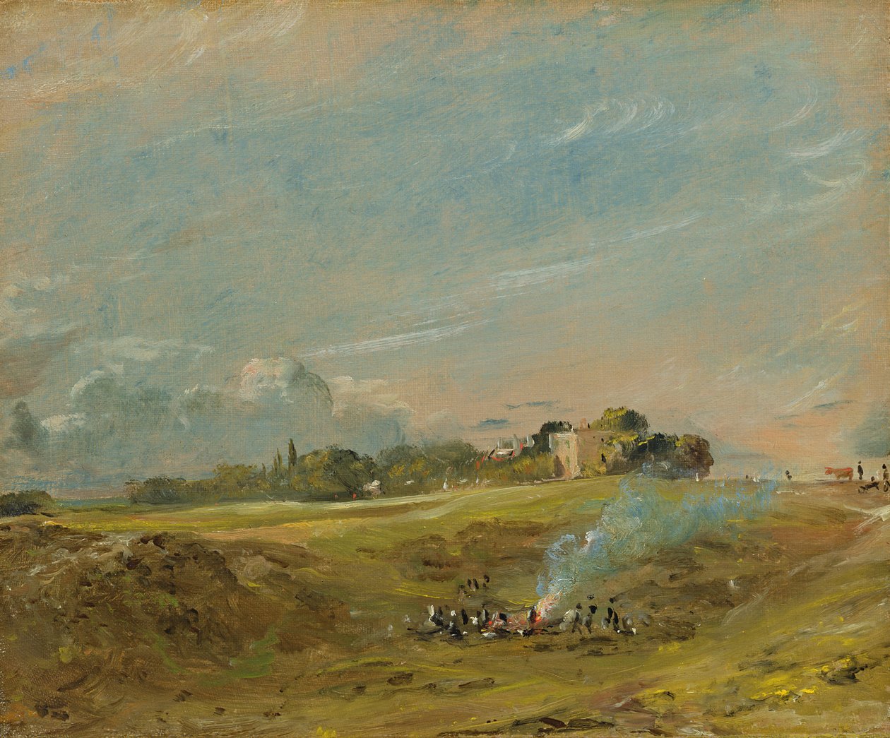 Näkymä Hampstead Heathista, hahmoja kokon ympärillä tekijältä John Constable