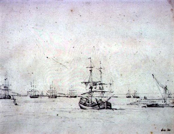 Prikki ankkurissa ja muu laivaliikenne Thamesissa (grafiitti paperilla) tekijältä John Constable