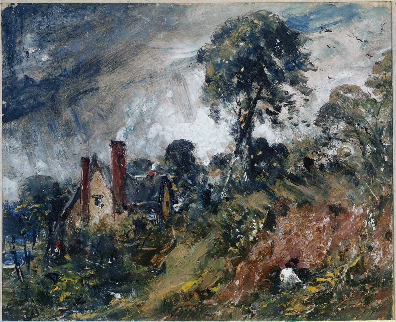 Mökki puiden keskellä, hiekkasärkällä (öljy kankaalle tekijältä John Constable