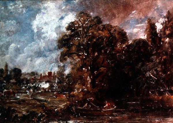 Jokikohtaus maalaistaloineen lähellä veden rajaa, n. 1830-36 (öljy) tekijältä John Constable