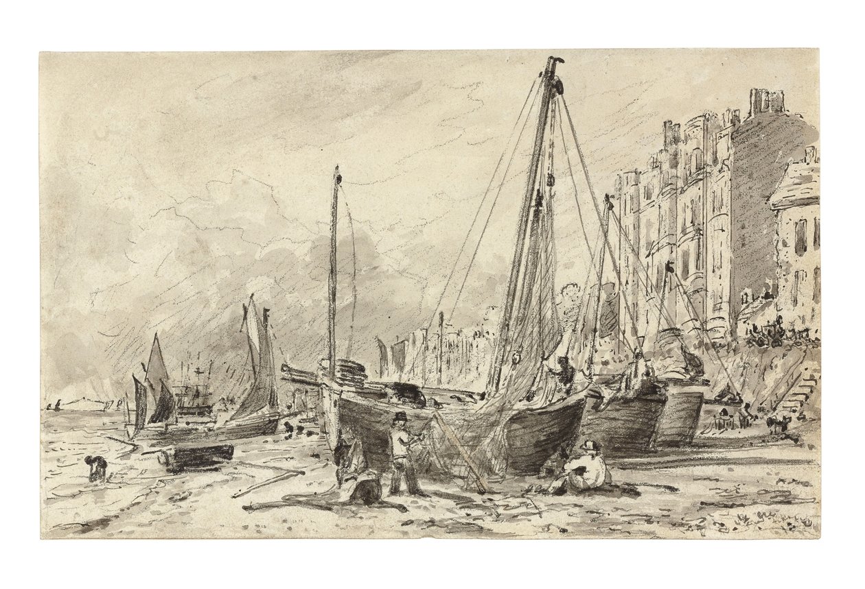 Rannalla olevat kalastusalukset, joissa kalastajat korjaavat verkkoja Brightonin rannalla, katsoen länteen, n. 1824-28 tekijältä John Constable
