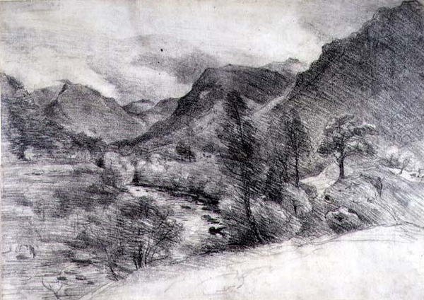 Borrowdale, Morning, n. 1806 (kynäpiirros paperille) tekijältä John Constable