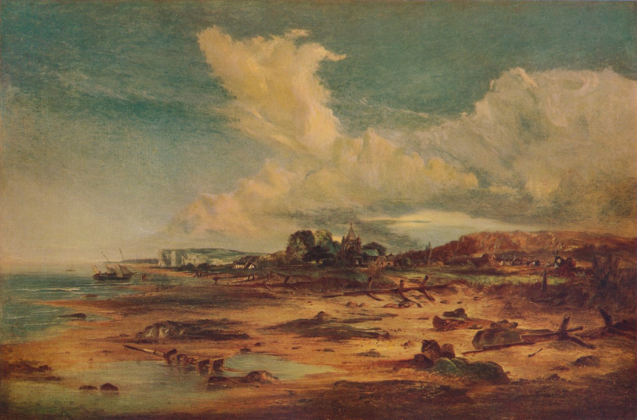 Rannikkokohtaus kirkon kanssa, n. 1824 tekijältä John Constable