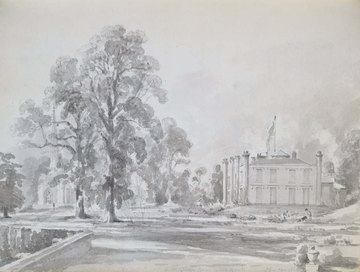 Coleorton Hall, Leicestershire, Sir George Beaumontin koti (kynä ja pesu) tekijältä John Constable
