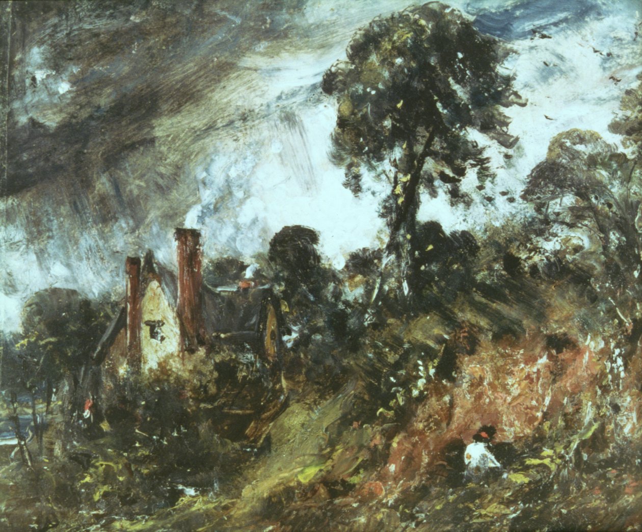 Mökki puiden keskellä hiekkapenkolla, n. 1830-36 tekijältä John Constable