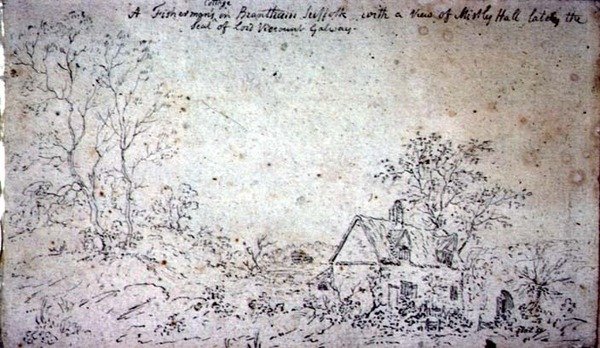 Mökki Branthamissa, näkymä Mistley Halliin (piirustus) tekijältä John Constable
