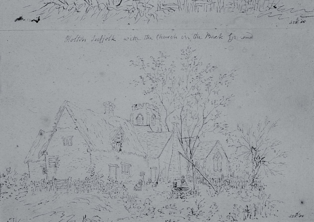 Mökki Holtonissa, taustalla kirkko (kynä ja muste paperille) tekijältä John Constable