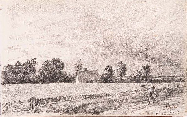 Mökit ja tie, East Bergholt, lyijykynä tekijältä John Constable