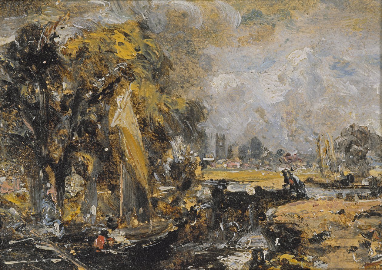 Dedham Lock, n. 1819 (öljy kankaalle asetettu paperille) tekijältä John Constable