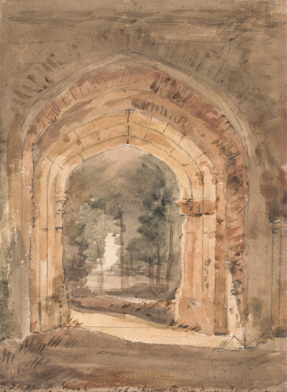 East Bergholtin kirkko, näkymä tornin raunioituneen tornin eteläisestä holvikäytävästä ulospäin tekijältä John Constable