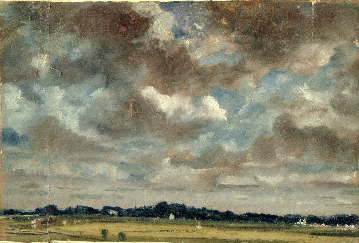 Laaja maisema harmailla pilvillä, n. 1821 (öljy paperille kankaalle) tekijältä John Constable
