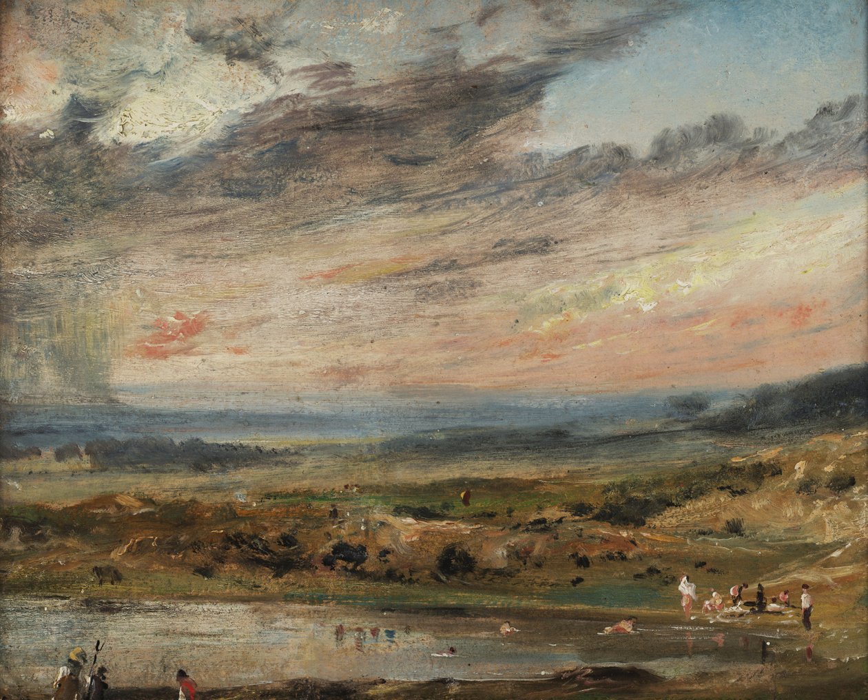Hampstead Heath, lampi ja uimarit tekijältä John Constable