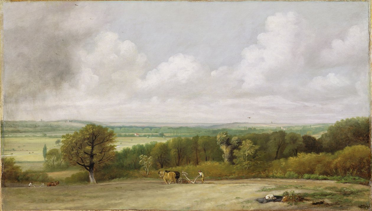 Maisema: Plowing Scene in Suffolk (A Summerland) n. 1824 (öljy kankaalle) tekijältä John Constable