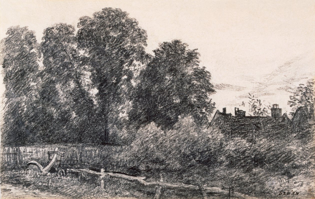 Maisema jalavapuiden ja talon kanssa (grafiitti paperille) tekijältä John Constable