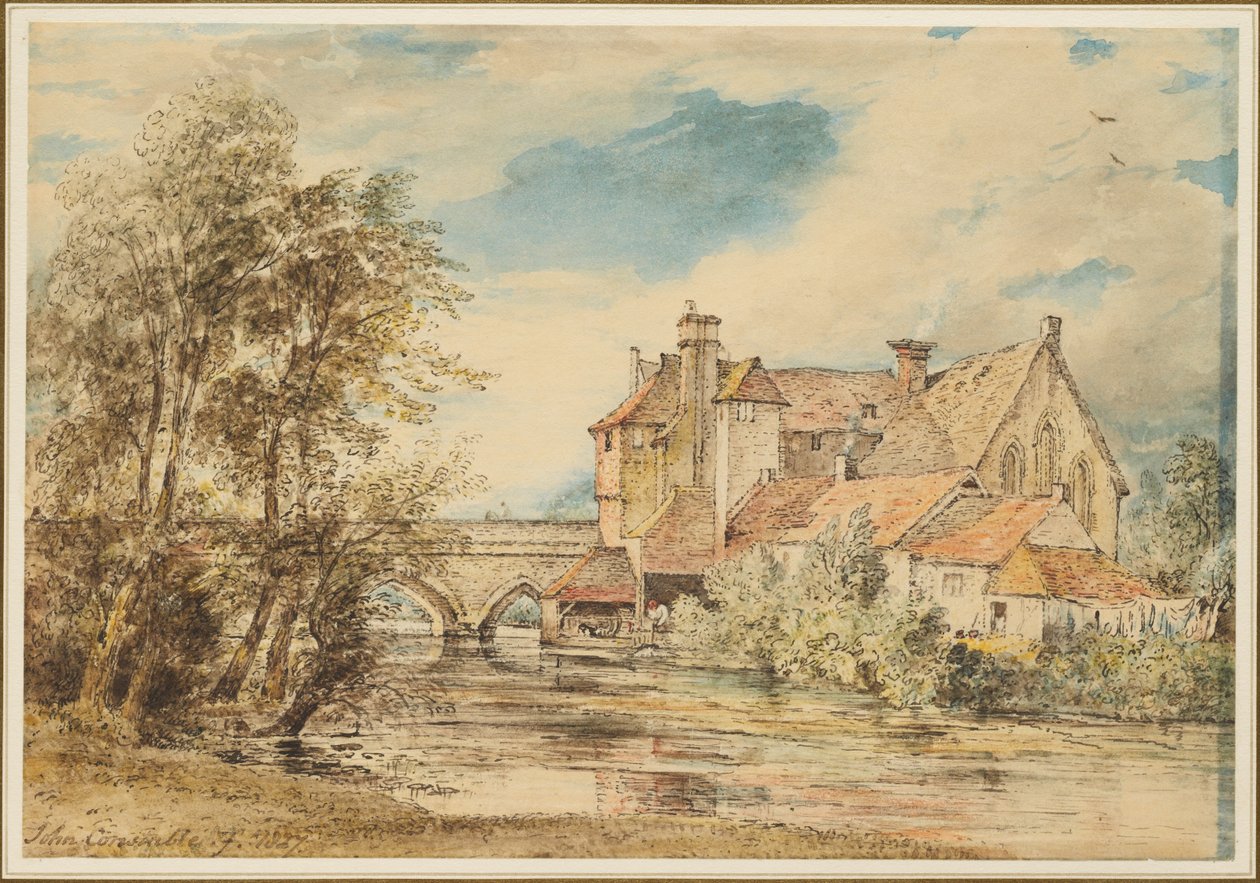 Vanhoja taloja Harnham Bridgen varrella Salisburyssa sekä vanha Hospital of Saint Nicholas tekijältä John Constable