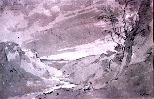 On the Dove lähellä Buxtonia, 1801 (lyijykynä ja seepiapesu) tekijältä John Constable