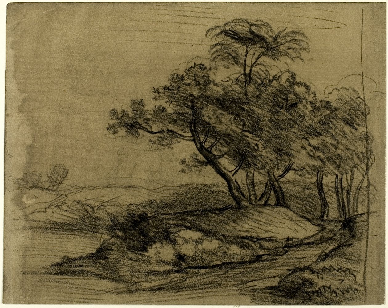 Jokiranta ja puita (etusivu); karjalauma puiden alla, sisennetty luonnos maisemasta (kääntöpuoli). tekijältä John Constable