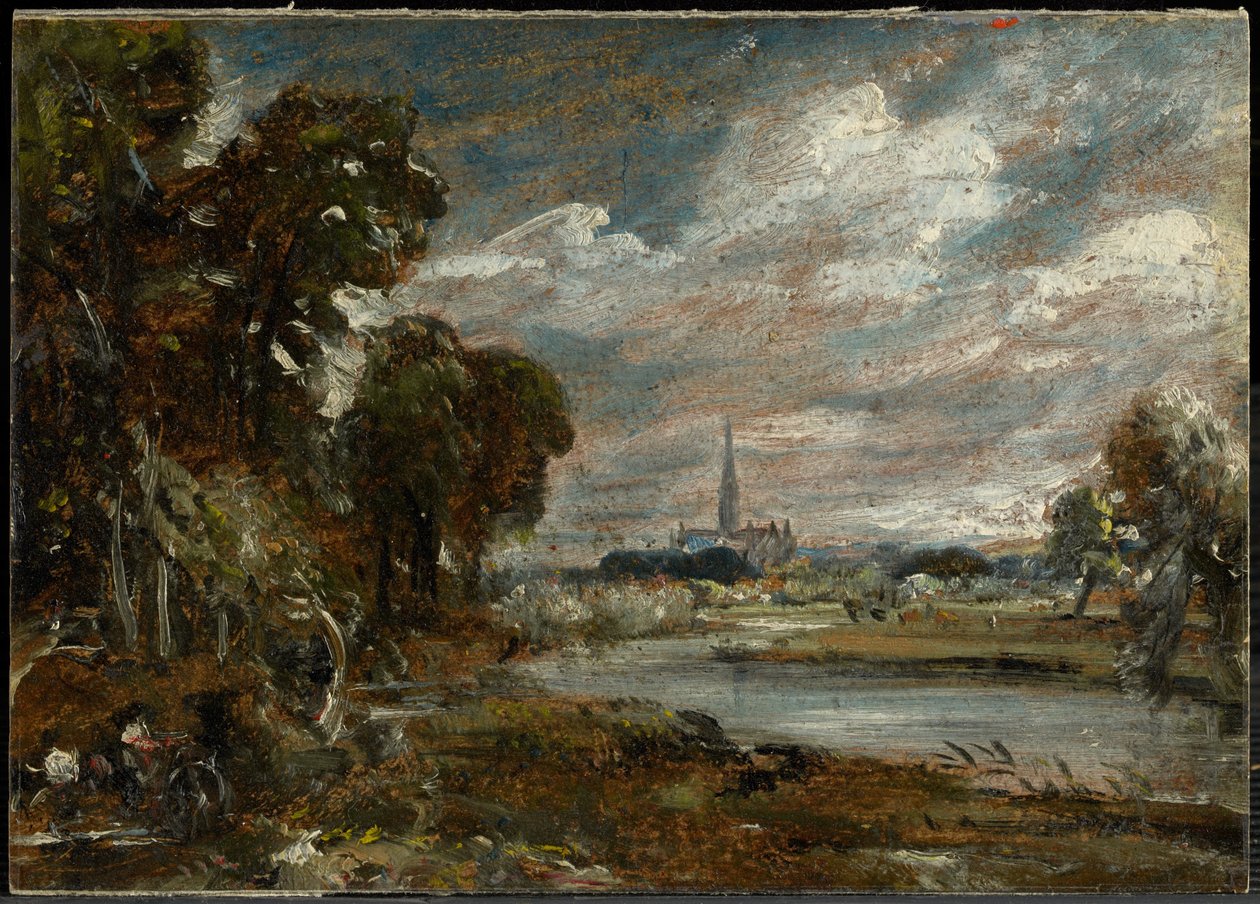 Salisburyn katedraali Nadderjoelta nähtynä tekijältä John Constable