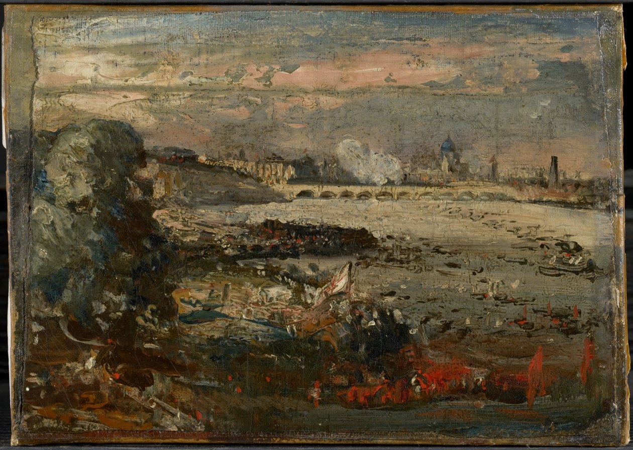 Luonnos teokseen "Waterloo Bridgen avajaiset Whitehall Stairsilta nähtynä, 18. kesäkuuta 1817" tekijältä John Constable