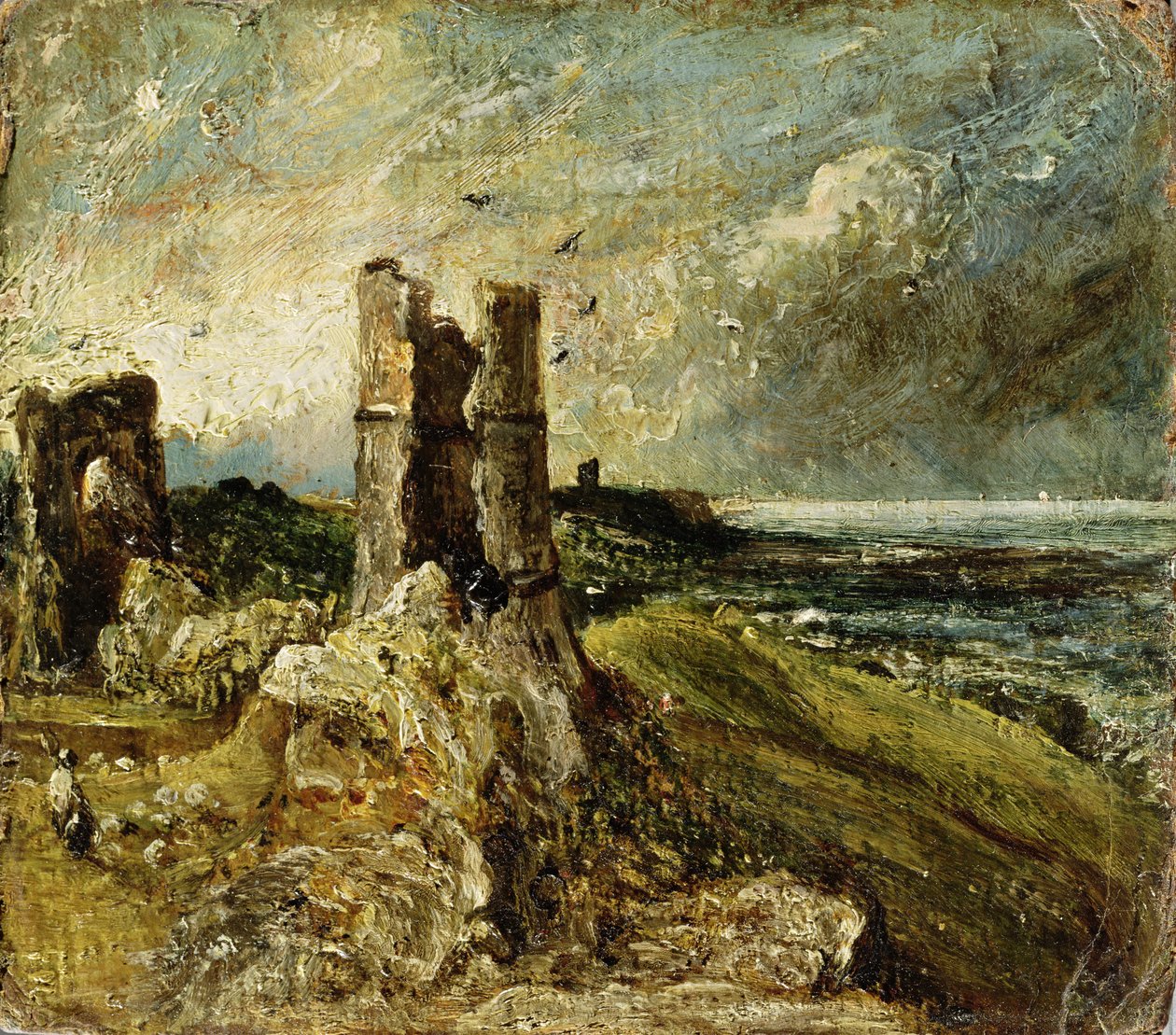 Luonnos Hadleighin linnasta (oikealla) (öljy kartongille) tekijältä John Constable