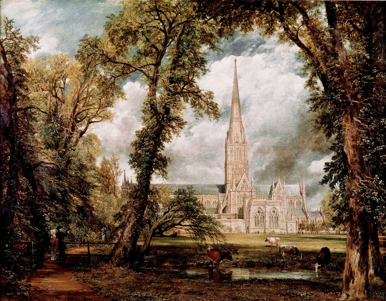 Salisburyn katedraali nähtynä Gardens of the Eveche -maalauksesta John Constable (1776-1837) 1823 su. 87,6x111,8 cm Lontoon, Victorian ja Albertin museo tekijältä John Constable