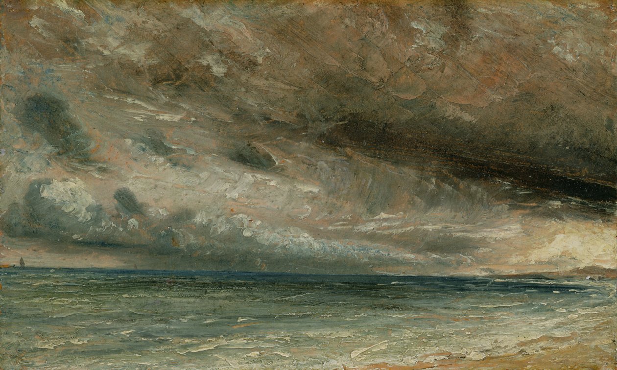 The Coast at Brighton - Myrskyinen ilta, n. 1828 (öljy kankaalle asetettu paperille) tekijältä John Constable