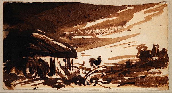 Kukko navetan ovella, n. 1833 (ruskea pesu paperilla) tekijältä John Constable