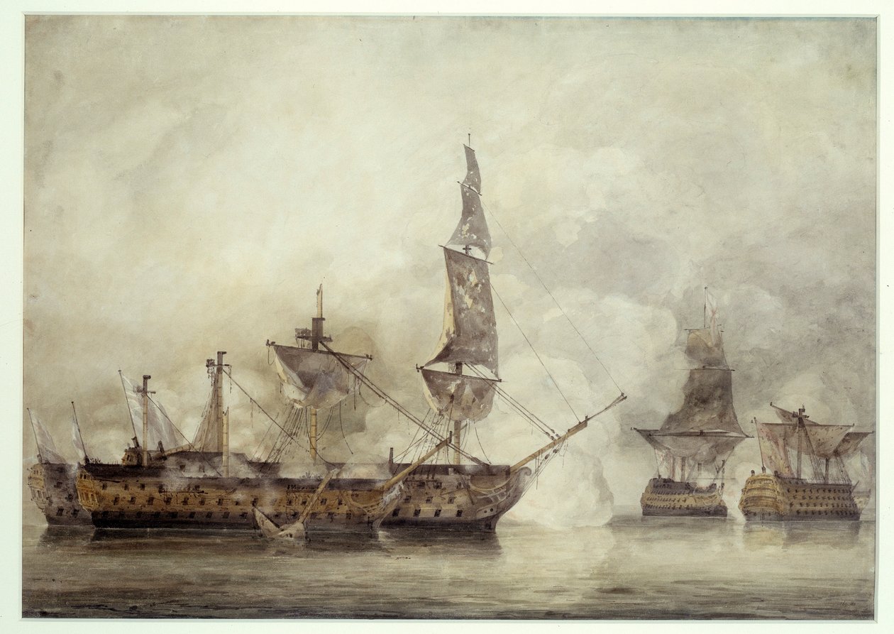 "Voitolla" on Trafalgar kahden ranskalaisen laivan välissä (1805). John Constablen piirustus (1776-1837) tekijältä John Constable