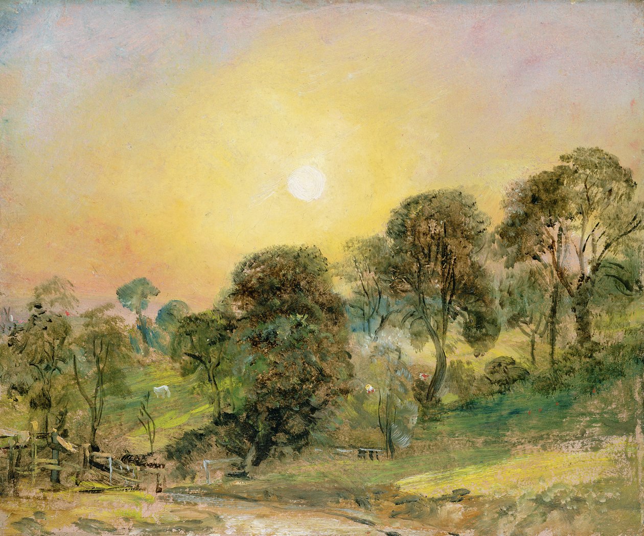 Puut Hampstead Heathilla auringonlaskun aikaan (öljy paperille) tekijältä John Constable