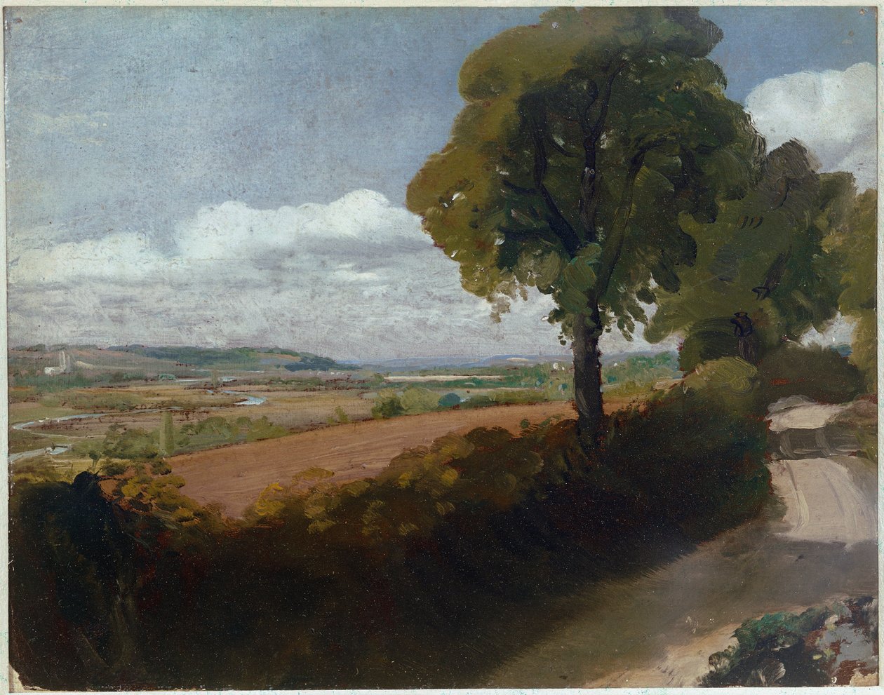 Näkymä Dedhamiin East Bergholtin kirkosta Flatfordiin johtavalta kaistalta (öljy kankaalle tekijältä John Constable