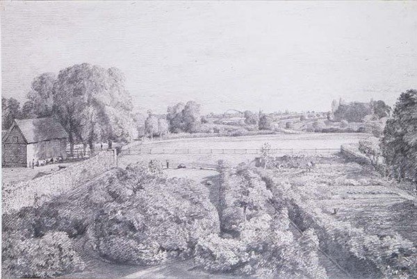 Näkymä East Bergholtiin Goldingin, konstaapelin talon, keittiöpuutarhan yli tekijältä John Constable