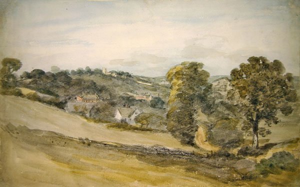 Näkymä Langhamin kirkkoa kohti lähellä Stratford Roadia, Dedham (kynä ja akvarelli paperille) tekijältä John Constable