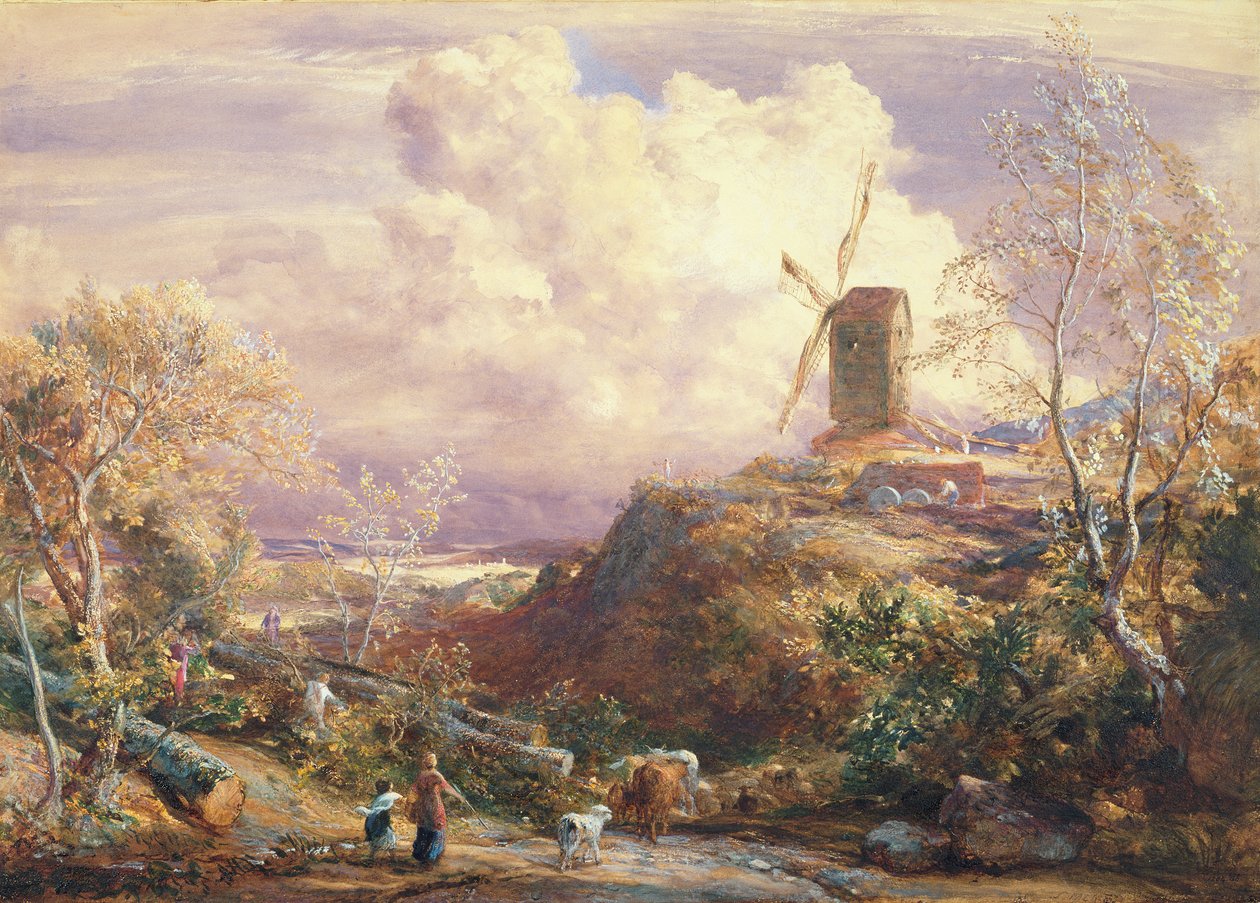 Tuulimylly kukkulalla nautaeläinten kanssa tekijältä John Constable