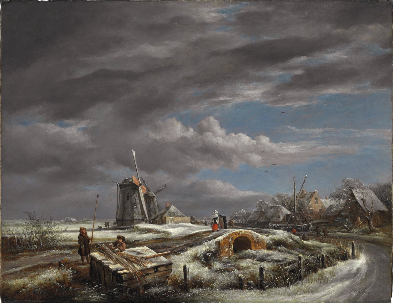 Talvimaisema hahmoilla polulla, kävelysilta ja tuulimyllyt takana tekijältä John Constable