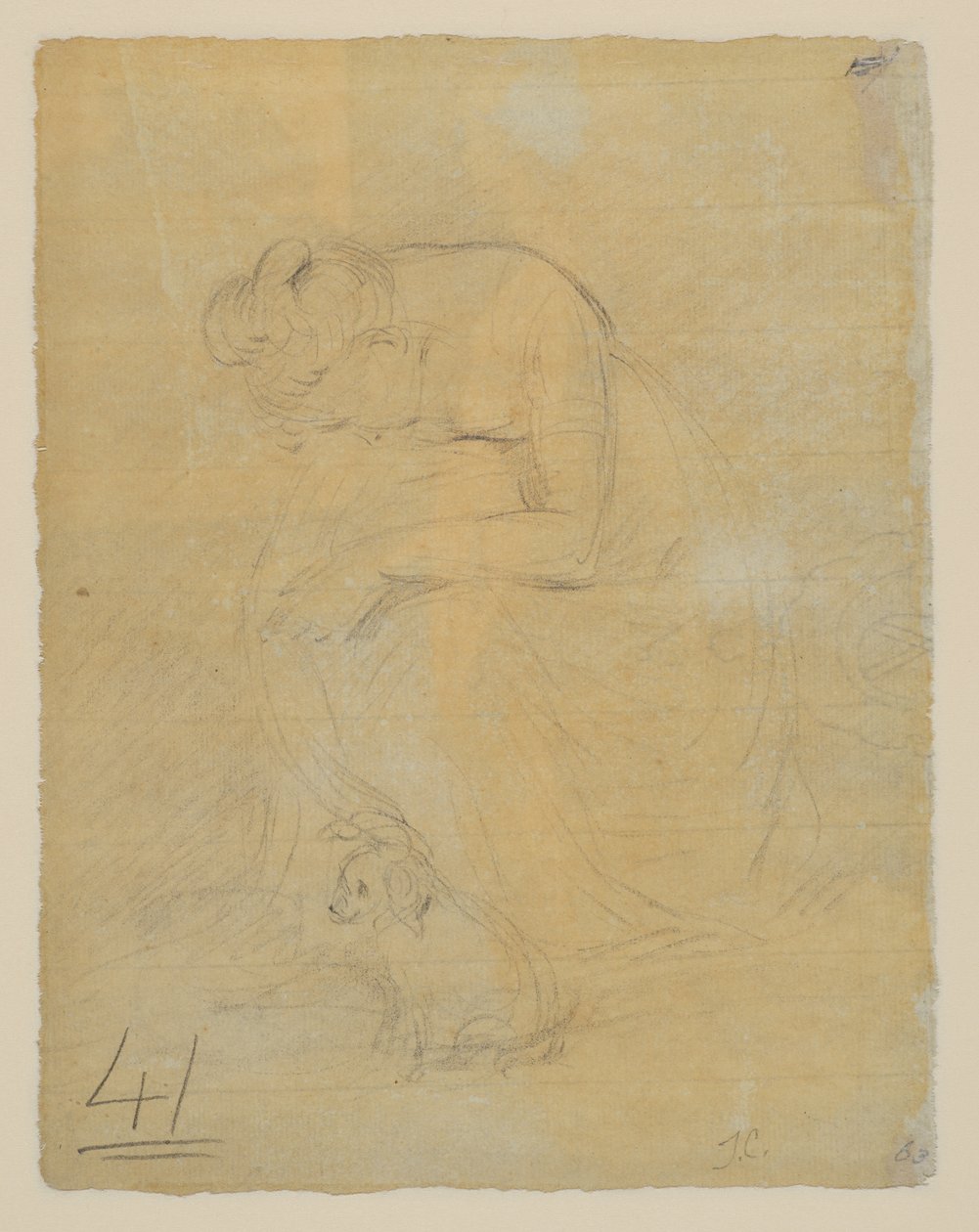 Nainen istumassa, koira jaloissaan, verso, n. 1806 tekijältä John Constable