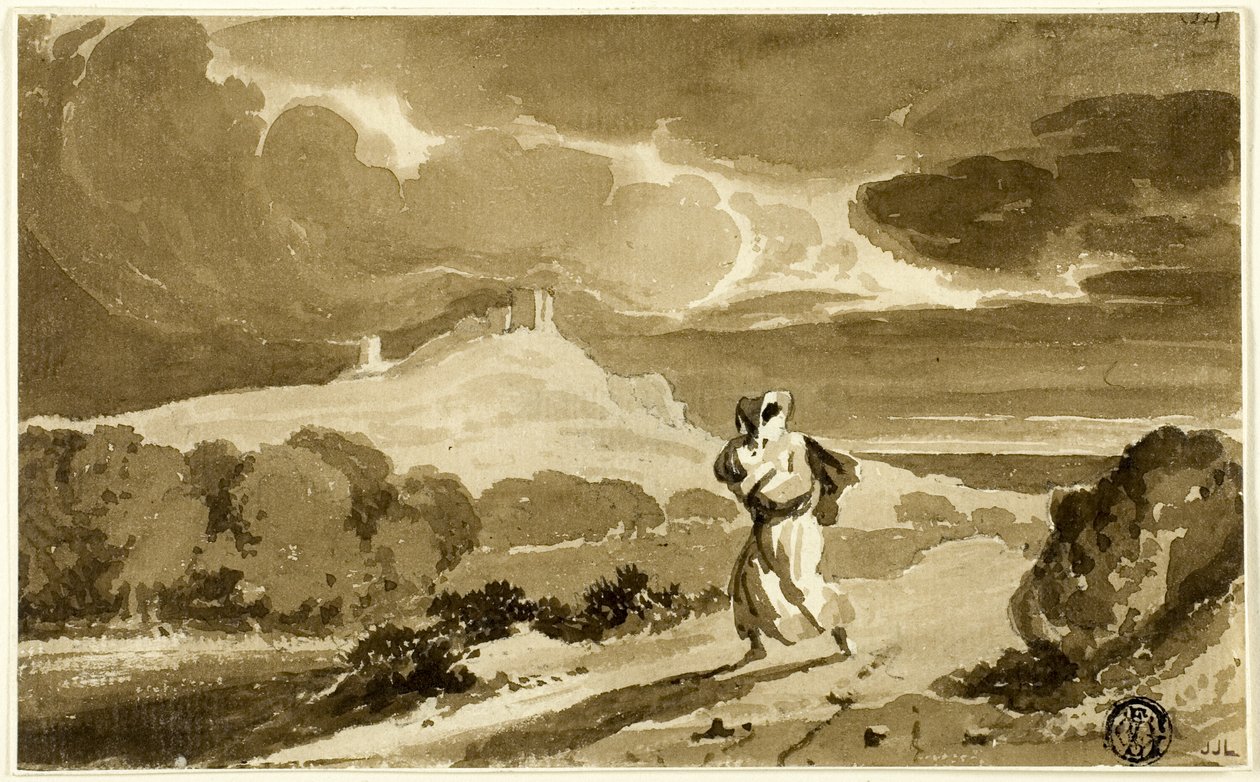 Nainen vauvan kanssa pakenee nummien poikki tekijältä John Constable