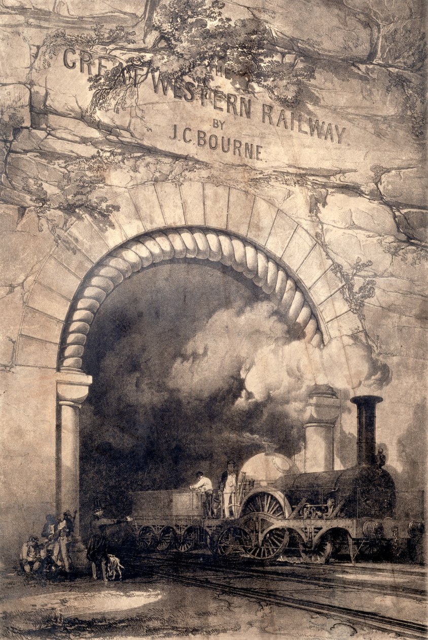 Acheron 2-2-2 -veturi nousemassa tunnelista lähellä Bristolia, vuodelta 1846 The History and Description of the Great Western Railwayn etukappale tekijältä John Cooke Bourne