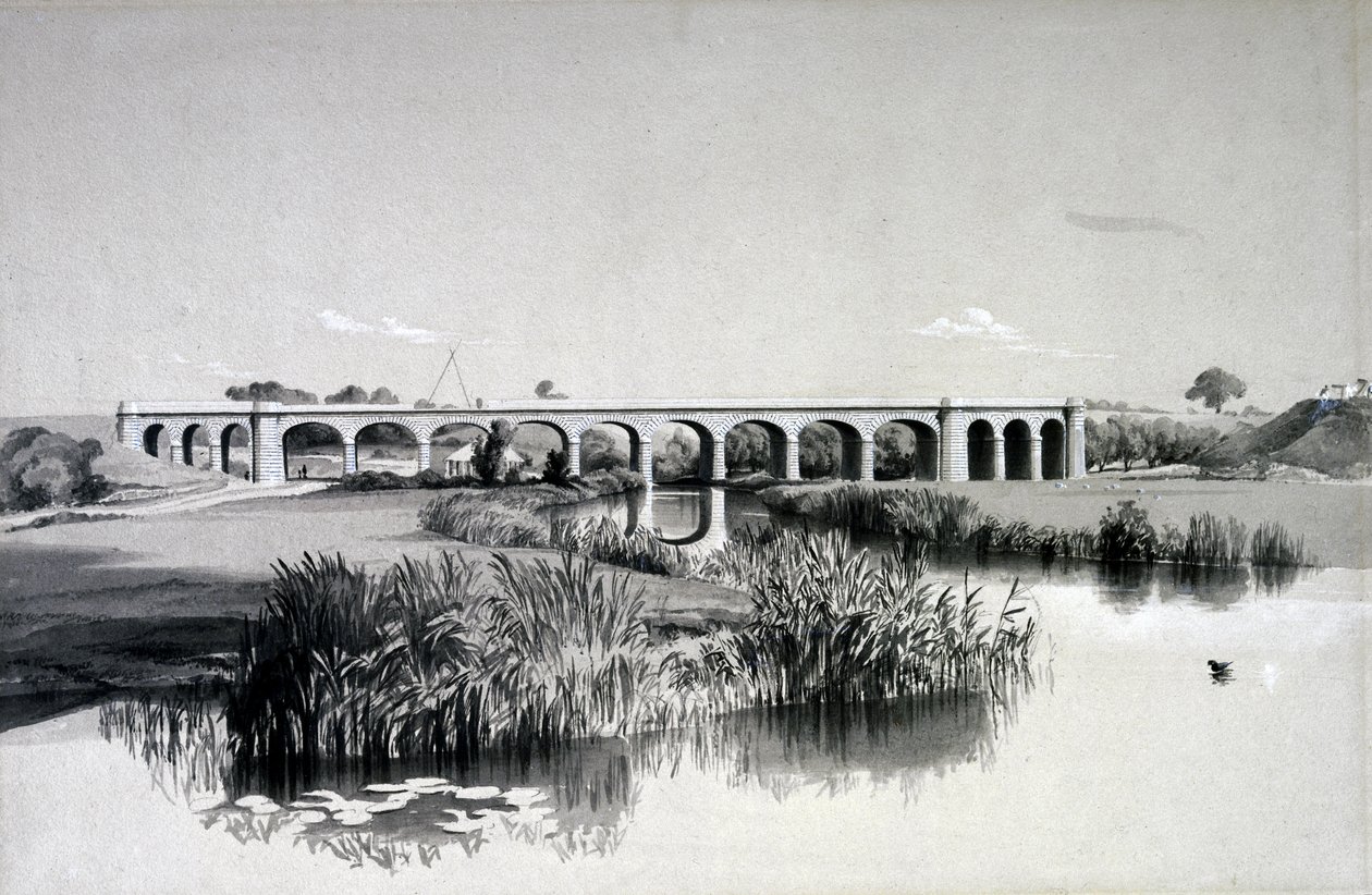 Avon Viaduct, Wolston, 2. heinäkuuta 1837 (kynä ja muste ja pesu paperille) tekijältä John Cooke Bourne