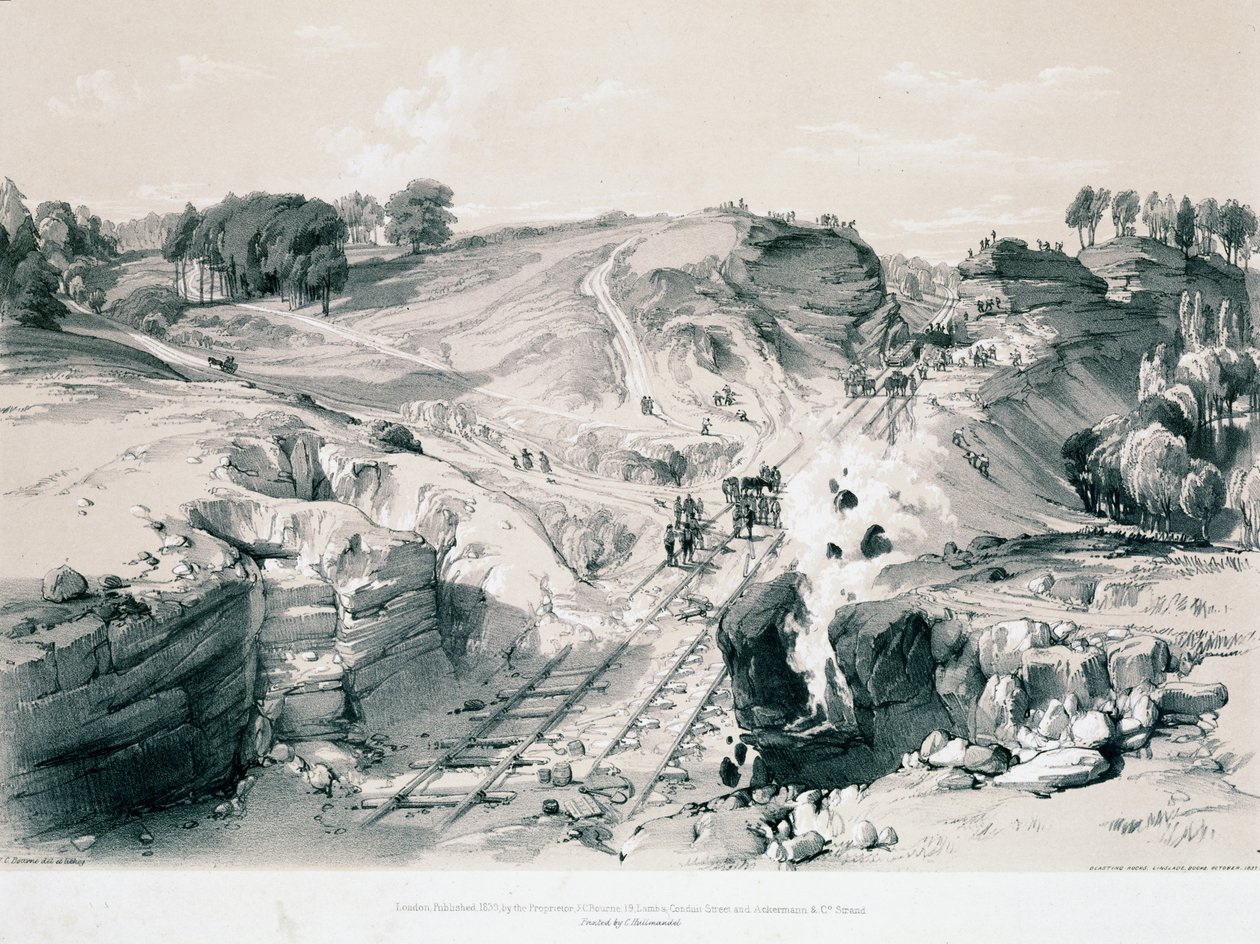 Räjäytyskiviä, Linsdale, Buckinghamshire, 1830-luku (kynä ja muste ja pesu paperille) tekijältä John Cooke Bourne