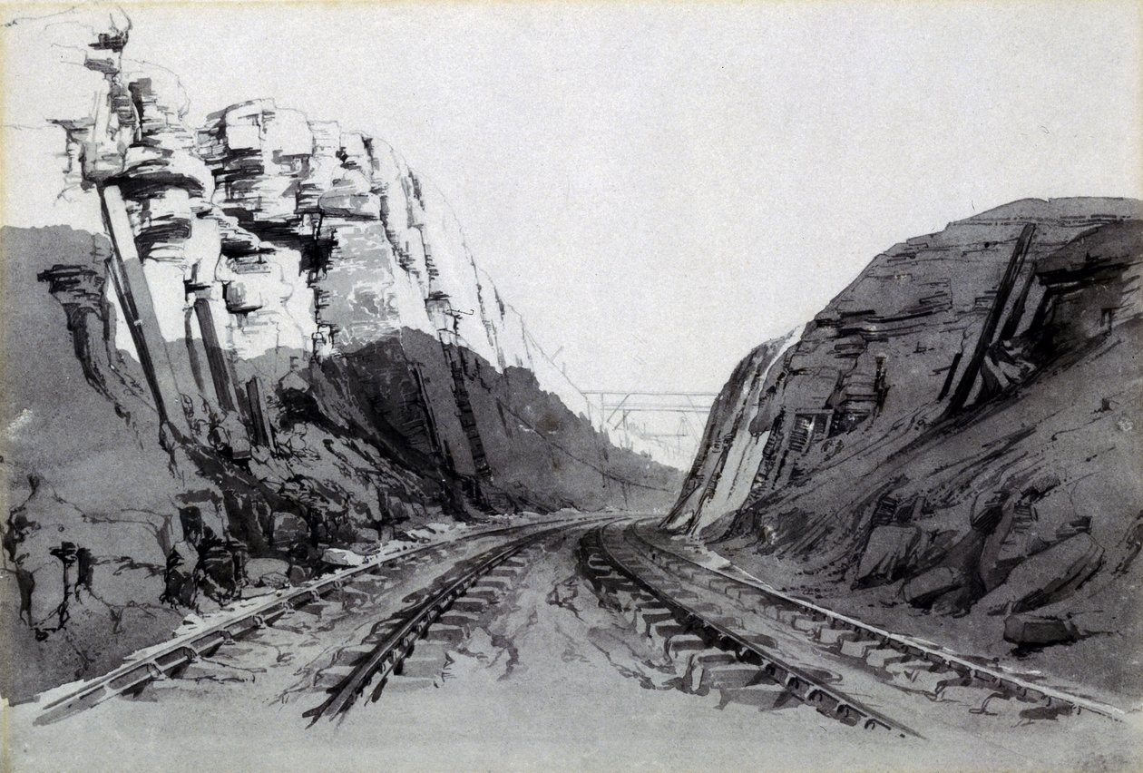 Blisworth Cutting, Northamptonshire, syyskuu 1838 (kynä ja muste ja pesu paperille) tekijältä John Cooke Bourne