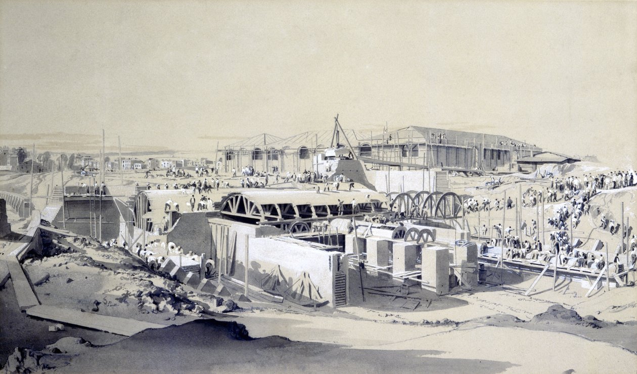 Kiinteän konehuoneen rakentaminen, Camden Town, 26. huhtikuuta 1837 (kynä ja muste ja pesu paperille) tekijältä John Cooke Bourne