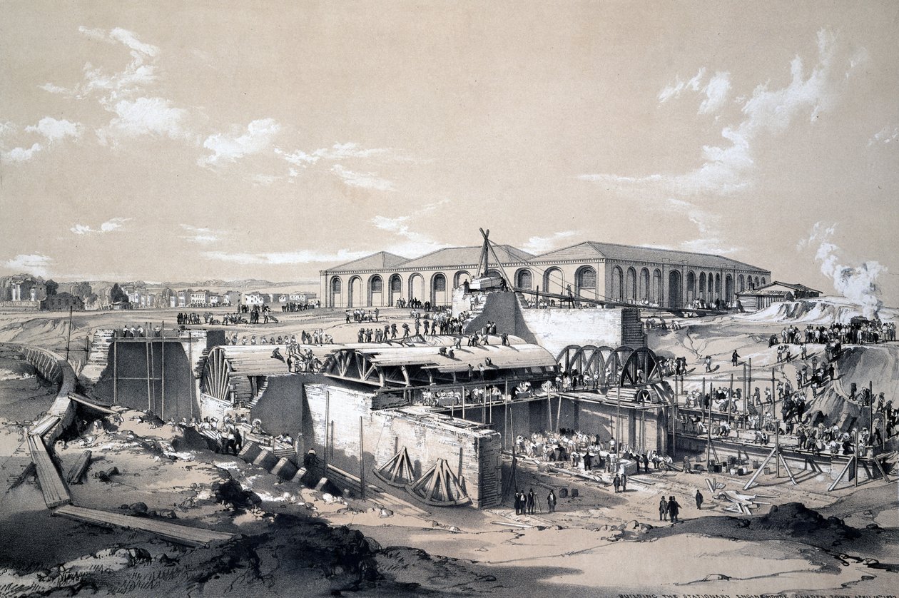 Kiinteän konehuoneen rakentaminen, Camden Town, 26. huhtikuuta 1837 (kynä ja muste ja pesu paperille) tekijältä John Cooke Bourne