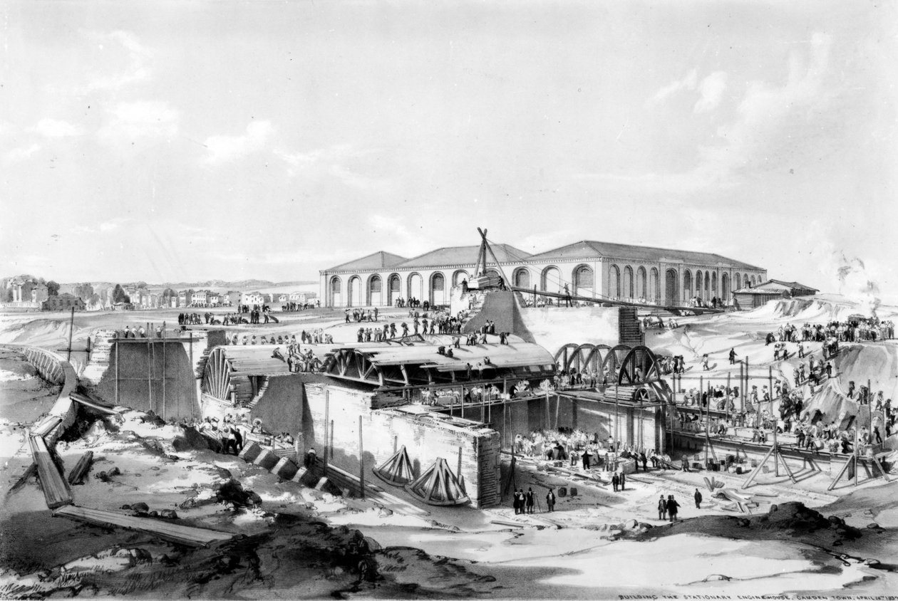 Kiinteän konehuoneen rakentaminen, Camden Town, 26. huhtikuuta 1837 (kynä ja muste ja pese paperille) tekijältä John Cooke Bourne