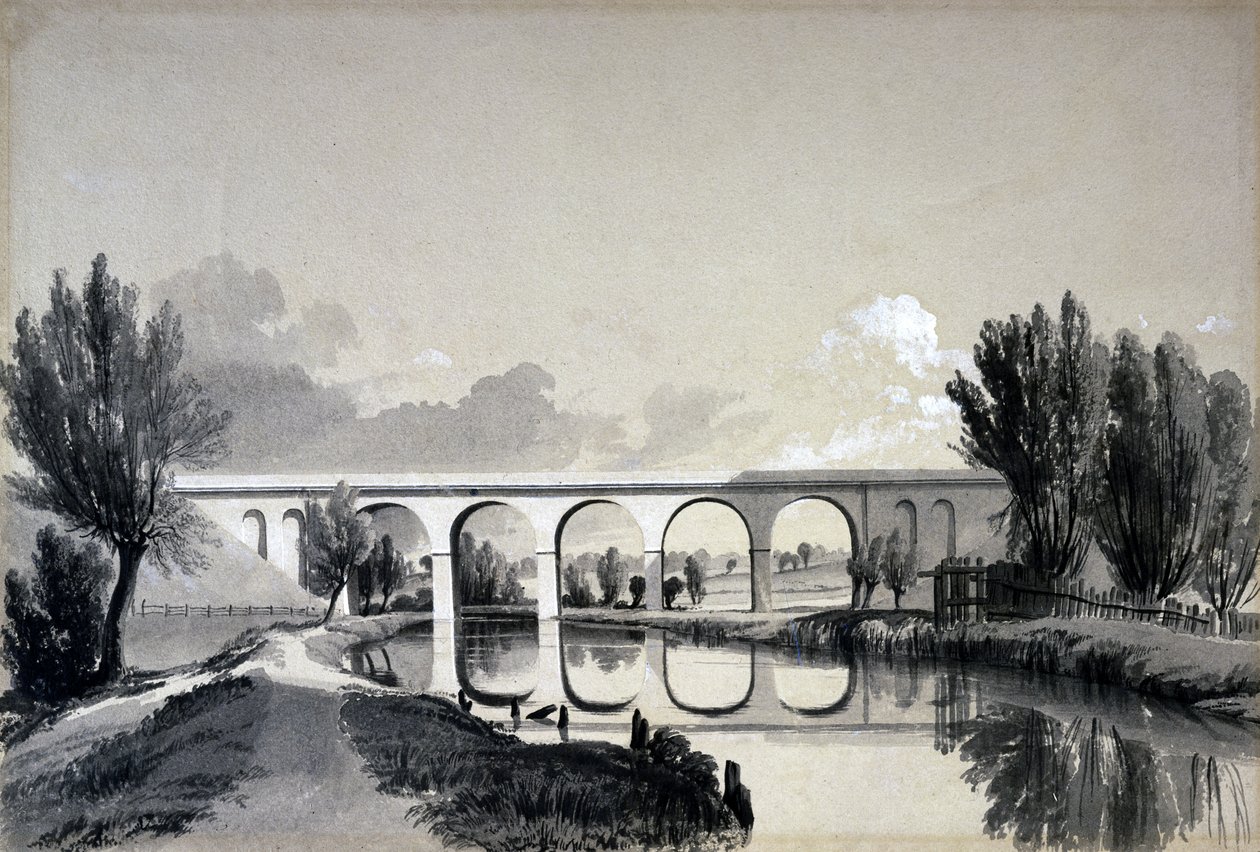 Colne Viaduct, Watford, Hertfordshire, 5. kesäkuuta 1837 (kynä ja muste ja pesu paperille) tekijältä John Cooke Bourne