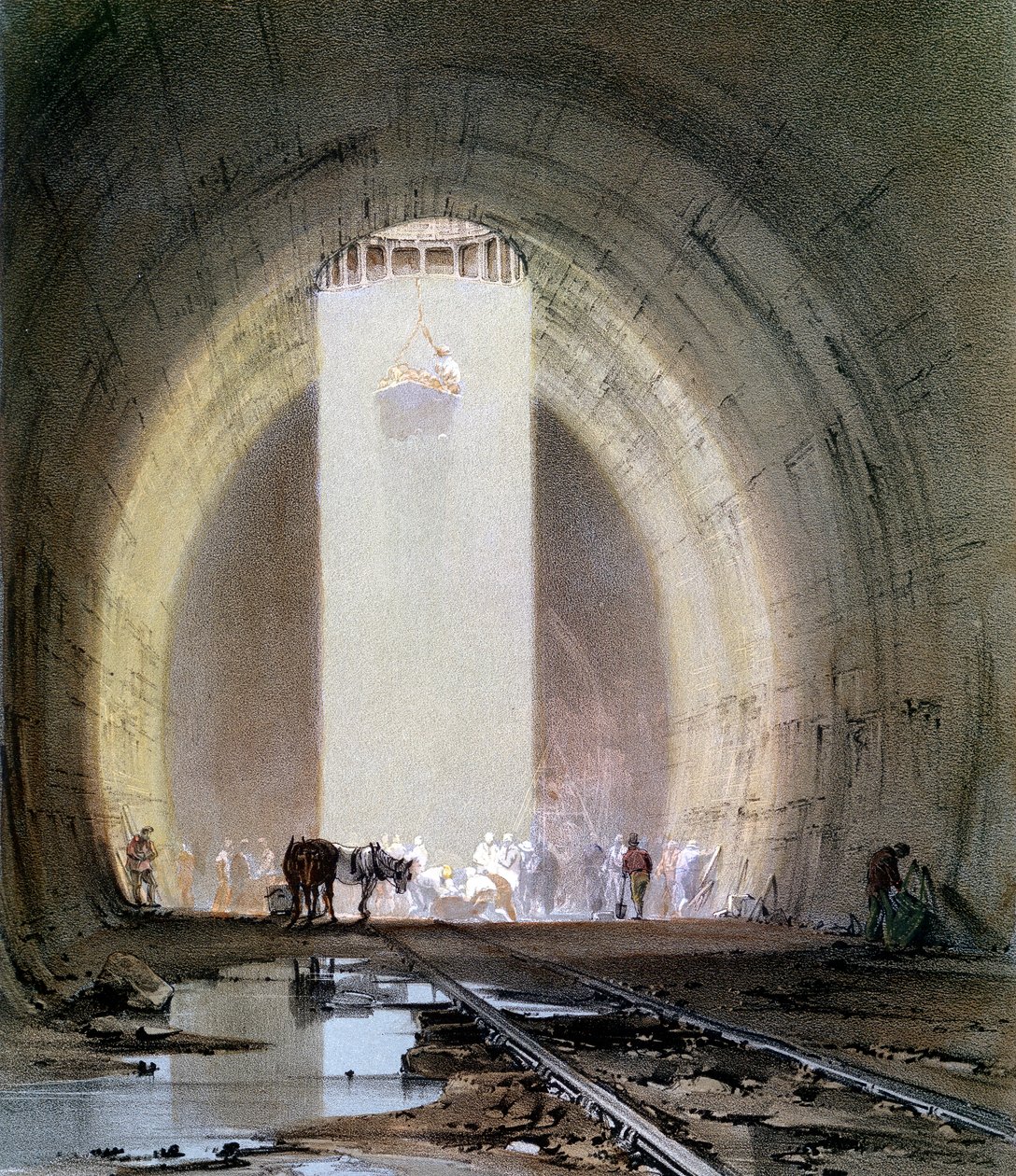 Kilsbyn tunnelin rakentaminen Lontoon ja Birminghamin rautatielle, 8. heinäkuuta 1839 tekijältä John Cooke Bourne