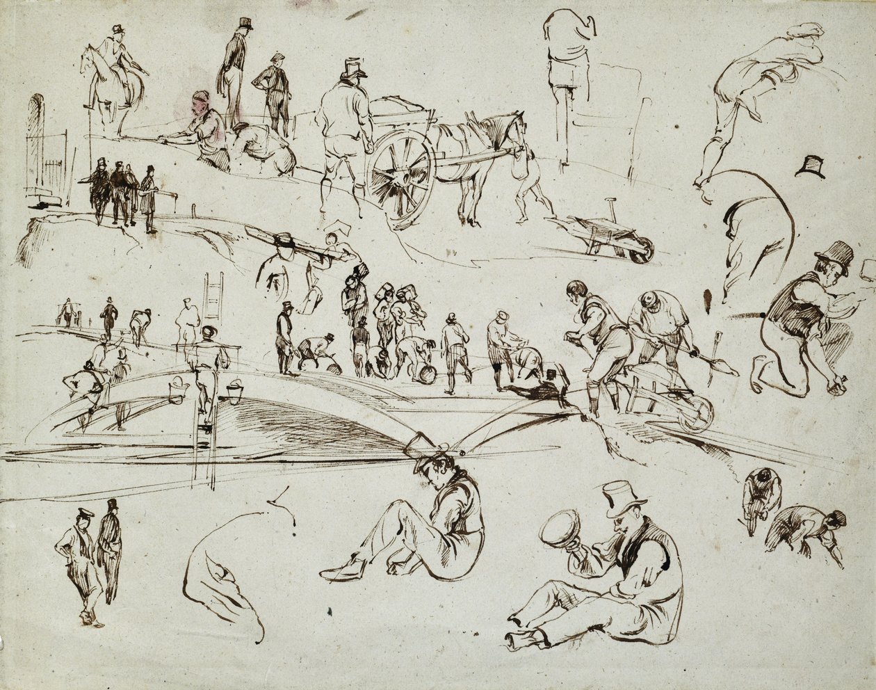 Lontoon ja Birminghamin rautatien rakentaminen, n. 1835 (ruskea muste paperille; yhdistelmäluonnos) tekijältä John Cooke Bourne